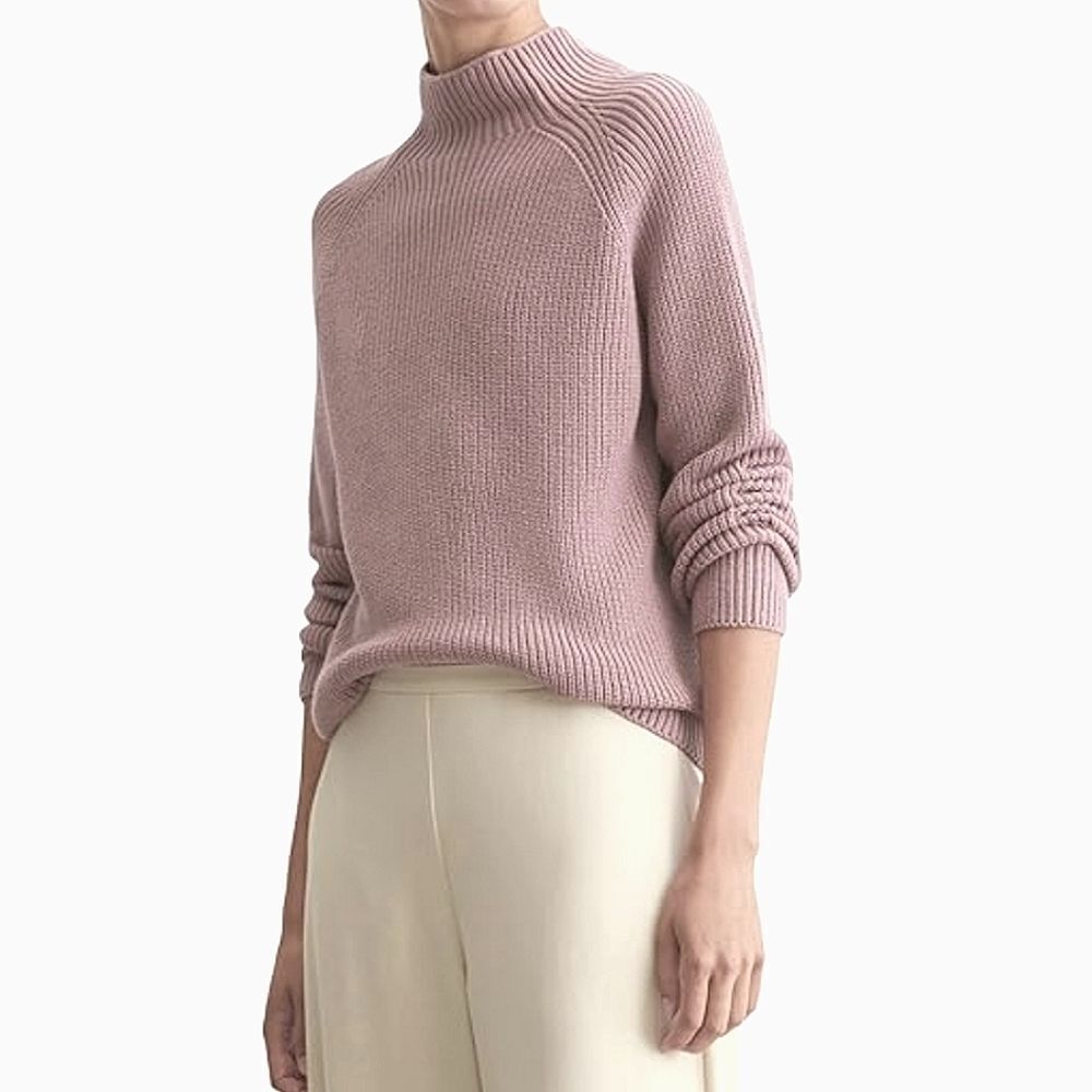 Women's Blush Pink Ribbed Knit Mock Neck Raglan Sleeve Sweater